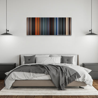 The NeverEnding Story color palette canvas above a bed, between two black pendant lamps