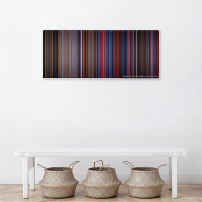 The Running Man color palette canvas above a white bench with three woven baskets