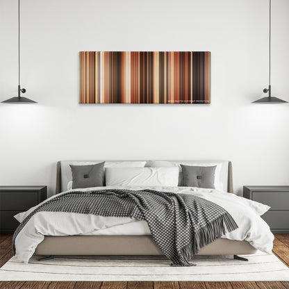 The Ladykillers color palette canvas above a bed, between two black pendant lamps