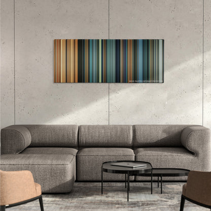 Alita: Battle Angel color palette canvas on a concrete wall above a gray sectional sofa
