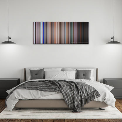 Elf color palette canvas above a bed, between two black pendant lamps