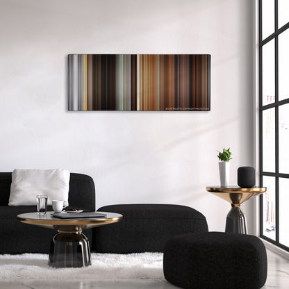 Kill Bill: Vol. 2 color palette canvas above a black sofa with a gold-topped table