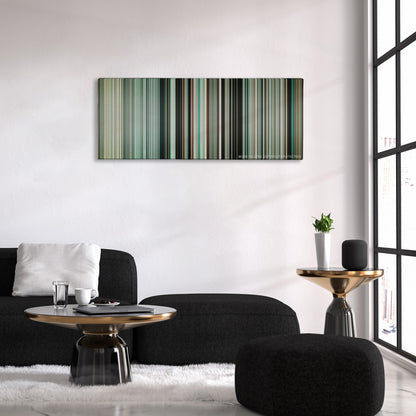 Dunkirk color palette canvas above a black sofa with a gold-topped table