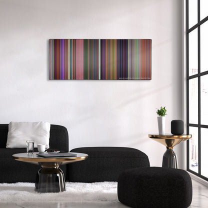 Alice in Wonderland color palette canvas above a black sofa with a gold-topped table