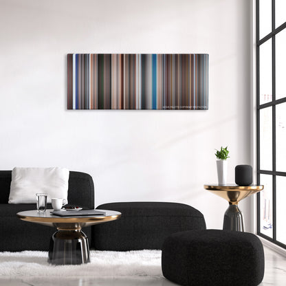 The Spy Who Loved Me color palette canvas above a black sofa with a gold-topped table