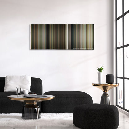 Deliverance color palette canvas above a black sofa with a gold-topped table