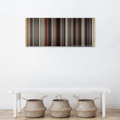 Memories of Murder color palette canvas above a white bench with three woven baskets