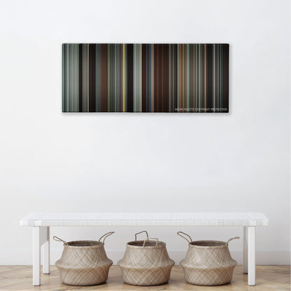 Wall Street: Money Never Sleeps color palette canvas above a white bench with three woven baskets
