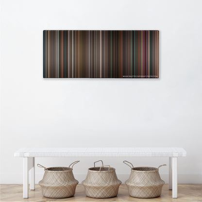 Black Swan color palette canvas above a white bench with three woven baskets