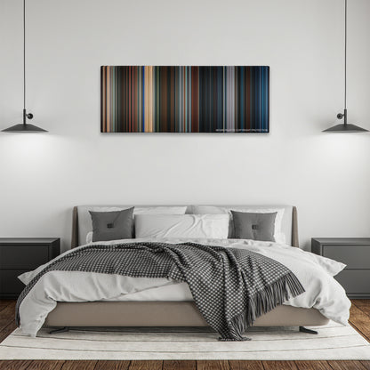 Mr. & Mrs. Smith color palette canvas above a bed, between two black pendant lamps
