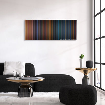 Poseidon color palette canvas above a black sofa with a gold-topped table
