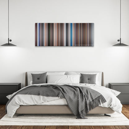 The Spy Who Loved Me color palette canvas above a bed, between two black pendant lamps