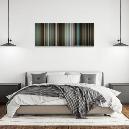 The Rum Diary color palette canvas above a bed, between two black pendant lamps