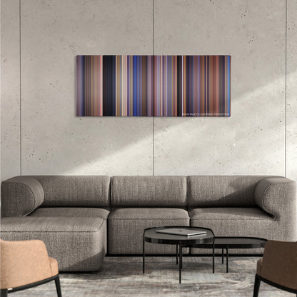 Scary Movie color palette canvas on a concrete wall above a gray sectional sofa