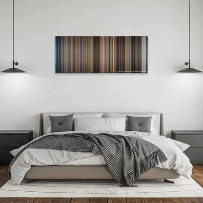 Catch Me If You Can color palette canvas above a bed, between two black pendant lamps