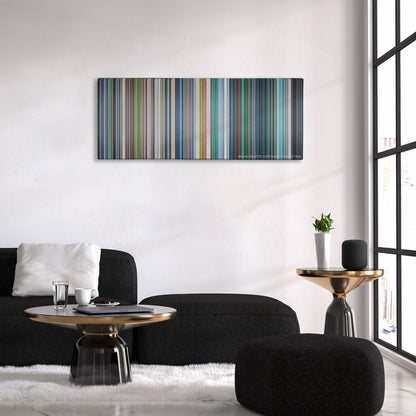 Ghost in the Shell color palette canvas above a black sofa with a gold-topped table