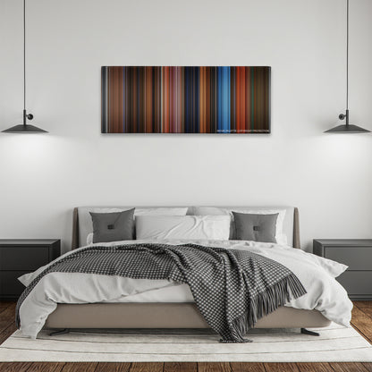 The Phantom of the Opera color palette canvas above a bed, between two black pendant lamps