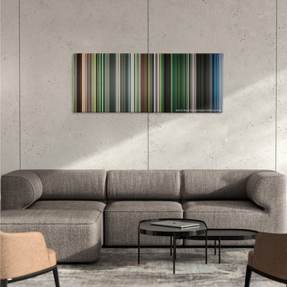 Dawn of the Dead color palette canvas on a concrete wall above a gray sectional sofa