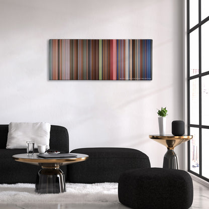 The Shining color palette canvas above a black sofa with a gold-topped table