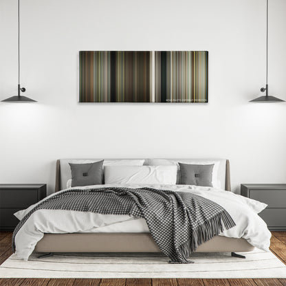 Deliverance color palette canvas above a bed, between two black pendant lamps