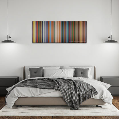 The Lego Movie color palette canvas above a bed, between two black pendant lamps