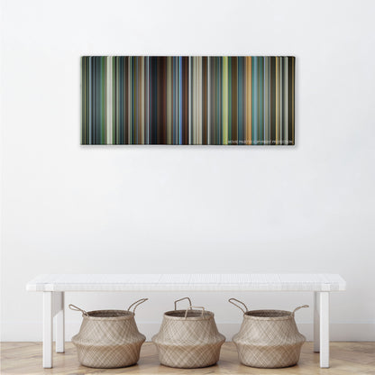 Snowden color palette canvas above a white bench with three woven baskets