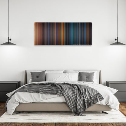 Poseidon color palette canvas above a bed, between two black pendant lamps