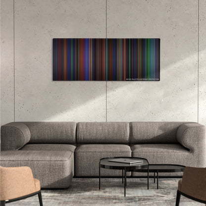 Batman Forever color palette canvas on a concrete wall above a gray sectional sofa