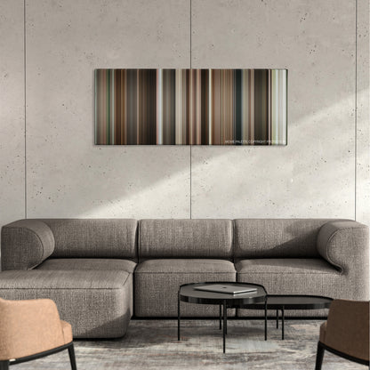 A Dangerous Method color palette canvas on a concrete wall above a gray sectional sofa