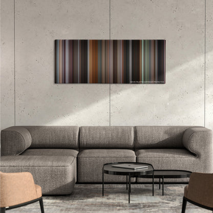 Eastern Promises color palette canvas on a concrete wall above a gray sectional sofa