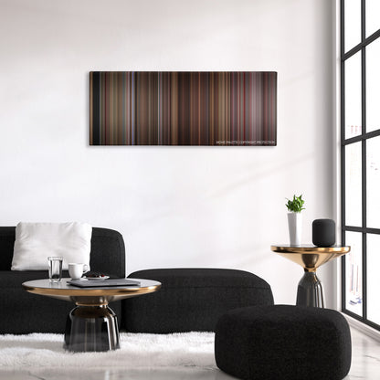 Four Rooms color palette canvas above a black sofa with a gold-topped table