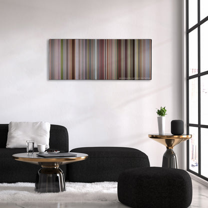 A Simple Favor color palette canvas above a black sofa with a gold-topped table