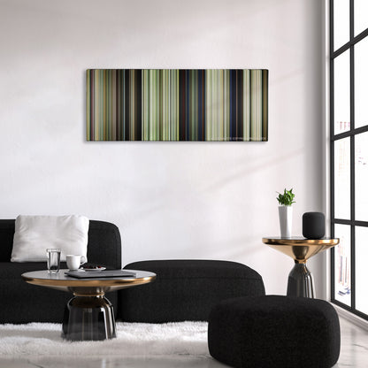 We Were Soldiers color palette canvas above a black sofa with a gold-topped table