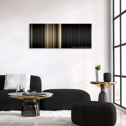 Friday the 13th color palette canvas above a black sofa with a gold-topped table