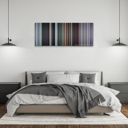 Deadpool color palette canvas above a bed, between two black pendant lamps