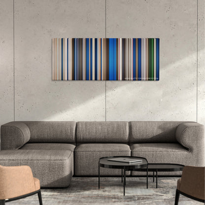 Paranormal Activity 2 color palette canvas on a concrete wall above a gray sectional sofa