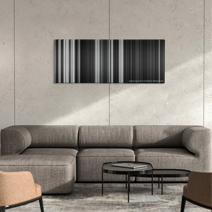 Frankenweenie color palette canvas on a concrete wall above a gray sectional sofa