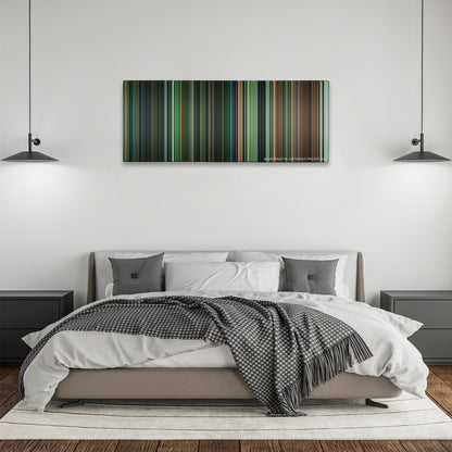 Joker color palette canvas above a bed, between two black pendant lamps