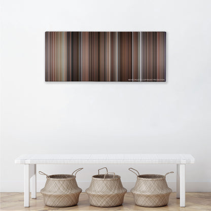 Four Weddings and a Funeral color palette canvas above a white bench with three woven baskets