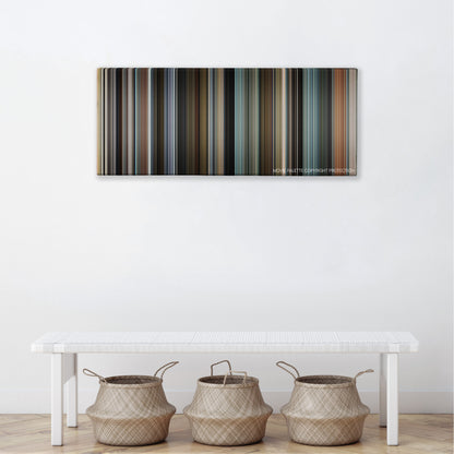 The Interpreter color palette canvas above a white bench with three woven baskets