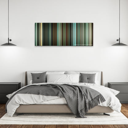 Unleashed color palette canvas above a bed, between two black pendant lamps