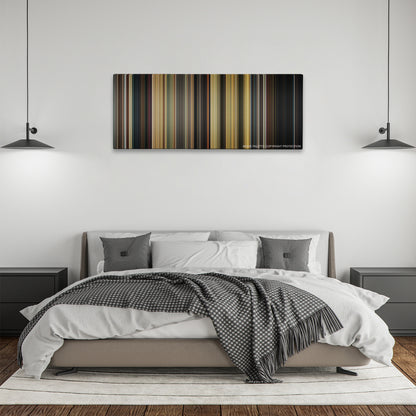 Once Upon a Time... In Hollywood color palette canvas above a bed, between two black pendant lamps