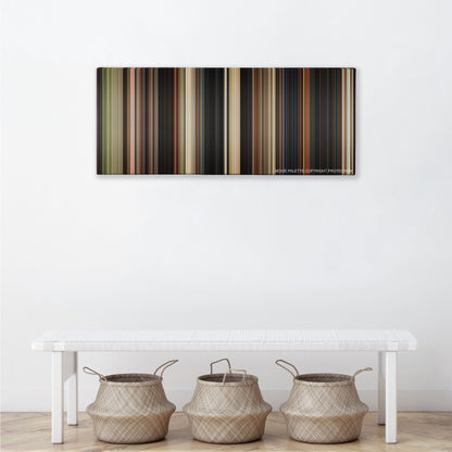 Bumblebee color palette canvas above a white bench with three woven baskets