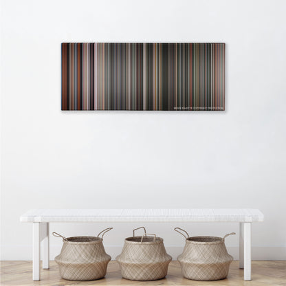 Apollo 13 color palette canvas above a white bench with three woven baskets