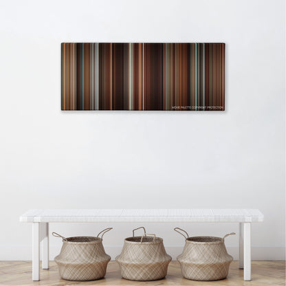 Dan in Real Life color palette canvas above a white bench with three woven baskets