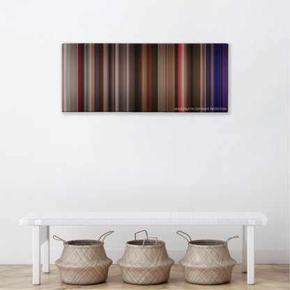 Music and Lyrics color palette canvas above a white bench with three woven baskets