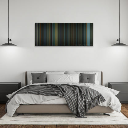 Suicide Squad color palette canvas above a bed, between two black pendant lamps