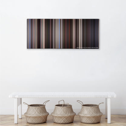 American Beauty color palette canvas above a white bench with three woven baskets