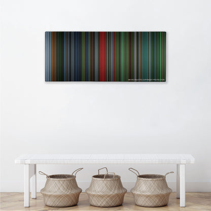 Saw IV color palette canvas above a white bench with three woven baskets