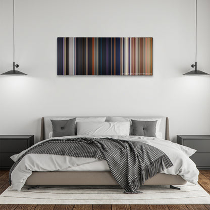Avengers: Infinity War color palette canvas above a bed, between two black pendant lamps
